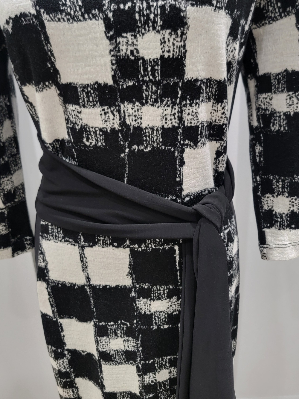 Joseph Ribkoff Black and White Checked Knit Dress with Waist Tie - Picture 3 of 8